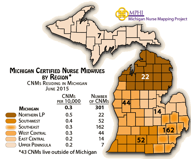 Michigan map of certified nurse midwives